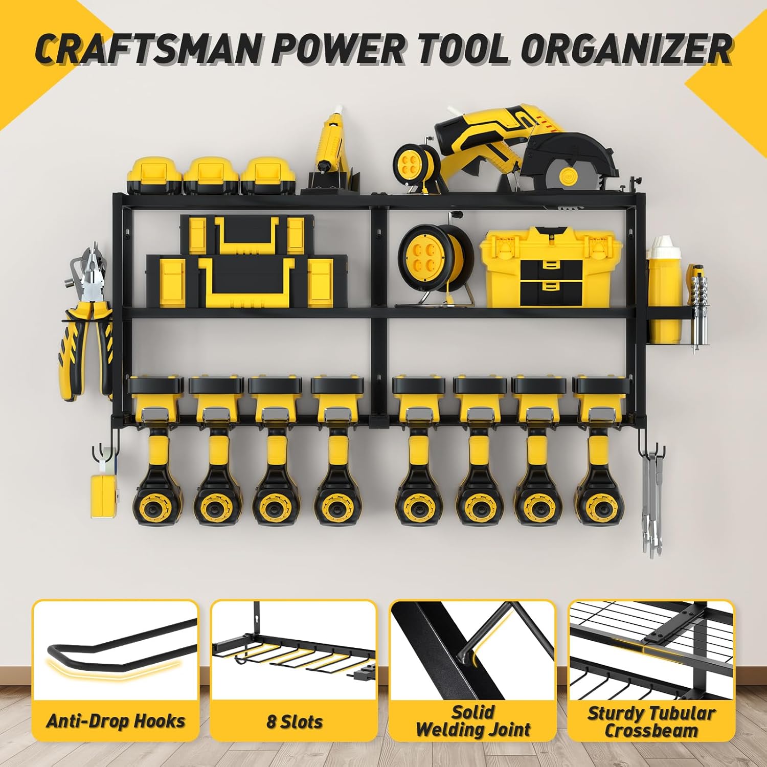 Large Power Tool Organizer Wall Mount for Fathers Dad, 3 Extra Large Layers Heavy Duty Metal Garage Organization Loads 300lbs with 8 Cordless Drill Holder, Power Tool Shelf for Workshop, Utility Racks