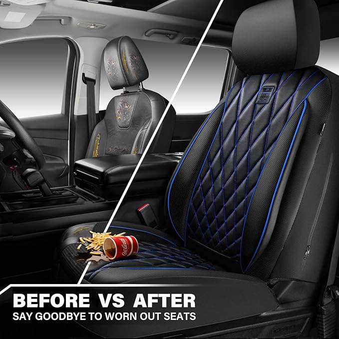 CAR PASS Piping Luxury PU Leather Two Front Car Seat Covers,Waterproof Anti- Slip Seat Covers Compatible with Front Seat Armrests,Universal Fit for Suvs,Vans,Trucks,Airbag Compatible(Black and Blue)