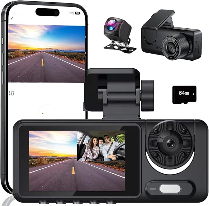3 Channel Dash Cam, Dash Camera, 1080P Full UHD Car Camera Front and Rear Inside with 64GB Card,Built-in Super Night Vision,2.0'' IPS Screen,170°Wide Angle,WDR, 24H Parking Mode, Loop Recording