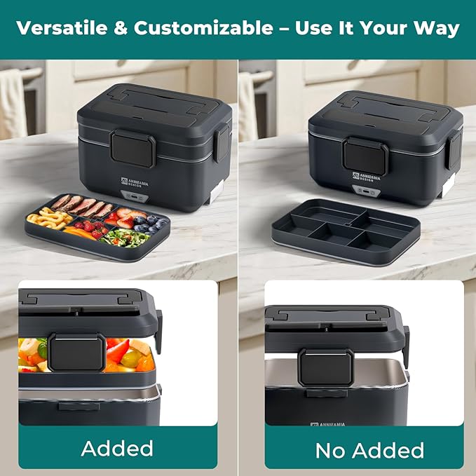 Annie & Mia Design Electric Lunch Box for Adults, 100w 3.5L 2-Layer Portable Food Warmer, Dual Mode 2.5L + 1L Heated Lunch Box for Adults, Home/Car/Office/Truck Use, Lonchera Eléctrica Portátil