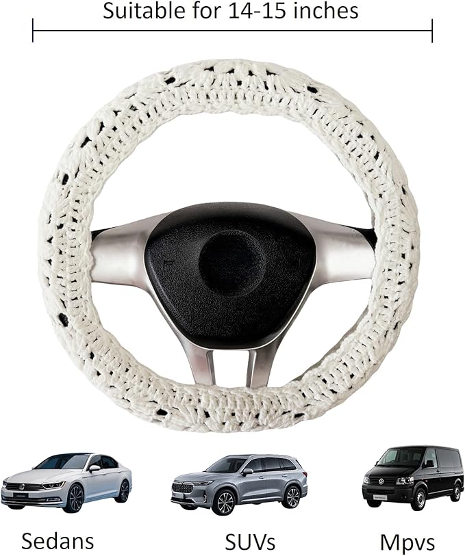 Crochet Steering Wheel Cover, Sunflower Steering Wheel Cover, 14-15 inch, Universal fit, Boho Car Accessories, for Men, Women and Girly, White (Wheel Cover Set)