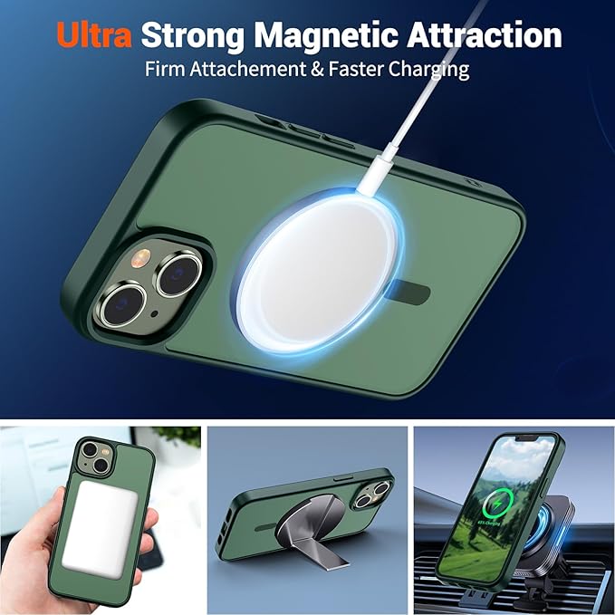 SUPFINE Magnetic for iPhone 15 Plus Case & iPhone 14 Plus Case(Compatible with MagSafe)(Military Grade Drop Protection) Slim Translucent Shockproof with Anti-Fingerprint Phone Case,Forest Green