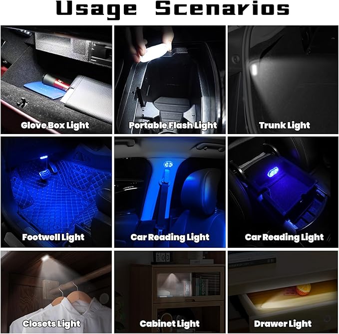 4PCS Wireless Car Led Ambient Lights, 7 Colors RGB Car Interior Light with Remote & Touch Control, Magnetic Rechargeable Type-C Mini LED Light for Cars, Cabinet, Wardrobe