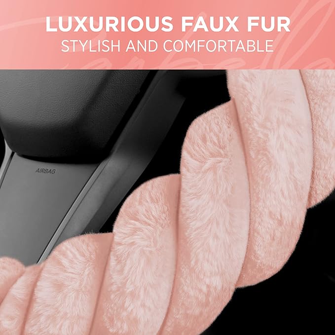 Carbella Twisted Fur Soft Pink Steering Wheel Cover, Standard 15 Inch Size Fits Most Vehicles, Fuzzy Fluffy Car Steering Cover with Soft Faux Fur Touch, Car Accessories for Women