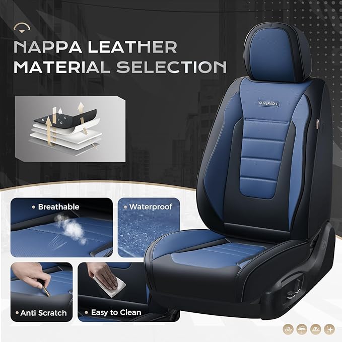 Coverado Car Seat Covers Full Set, Nappa Leather Seat Covers for Cars, Car Seat Protector Car Seat Cushion, Front and Back Seat Protectors Cushions Universal Fit for Most Cars Vehicles(Black&Blue)
