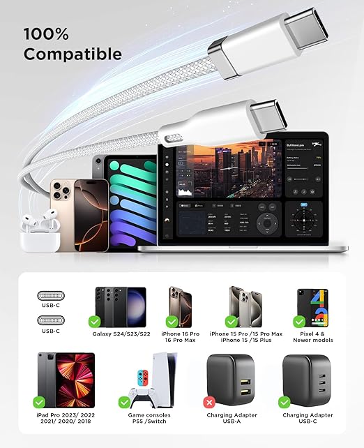Magtame StayCable USB C to C Cable with Magnetic Organizer Holder 3.3FT, 60W Fast Charging Braid Type-C Charger Cord, for iPhone 16/15 Laptop Car Desk Nightstand Cable Management Original Design