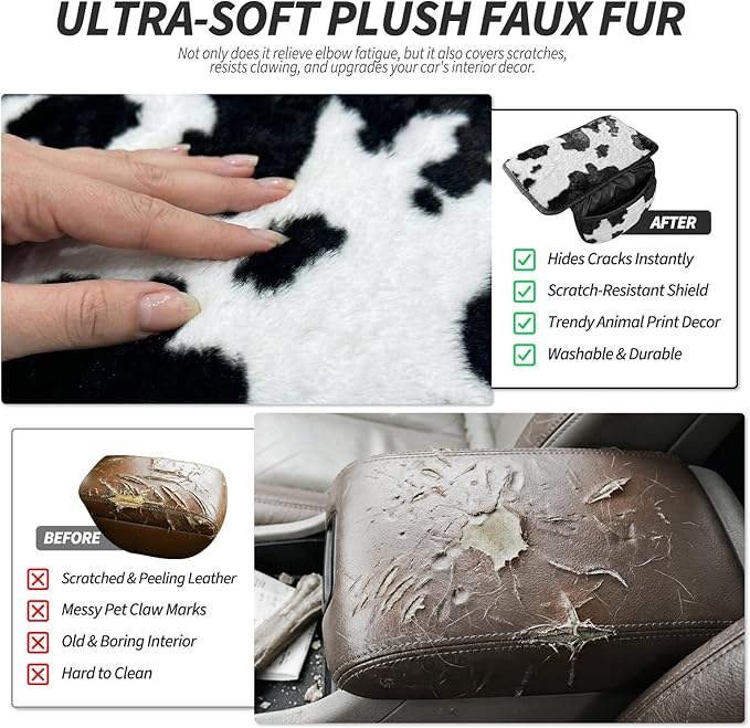 Plush Cow Print Car Center Console Cover with Side Pockets, Fluffy Armrest Cushion Pad,Soft Cow Car Interior Decorations Accessories with Storage for Women,Universal Fit for Vehicles SUV Truck