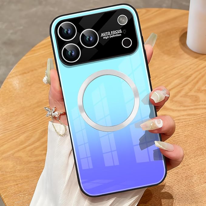 Guppy Compatible with iPhone 17 Pro Max Magnetic Case, with Full Camera Lens Protector [Compatible with MagSafe] Scratch Resistant Gradient Glass Back Cover Phone Case-Blue