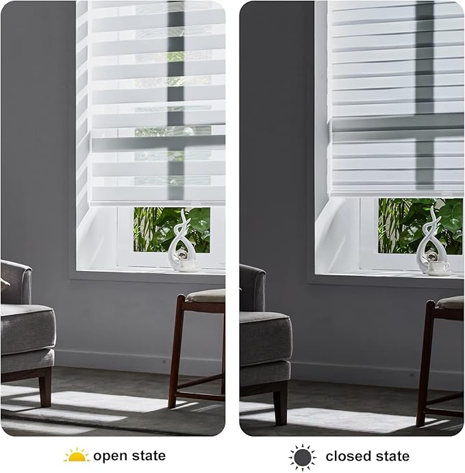 Persilux Cordless Zebra Blinds for Windows, Roller Shades for Windows (64" W x 64" H, White) Dual Layer Fabric for Day and Night,Room Darkening Shades for Home, Office, Bedroom and Living Room