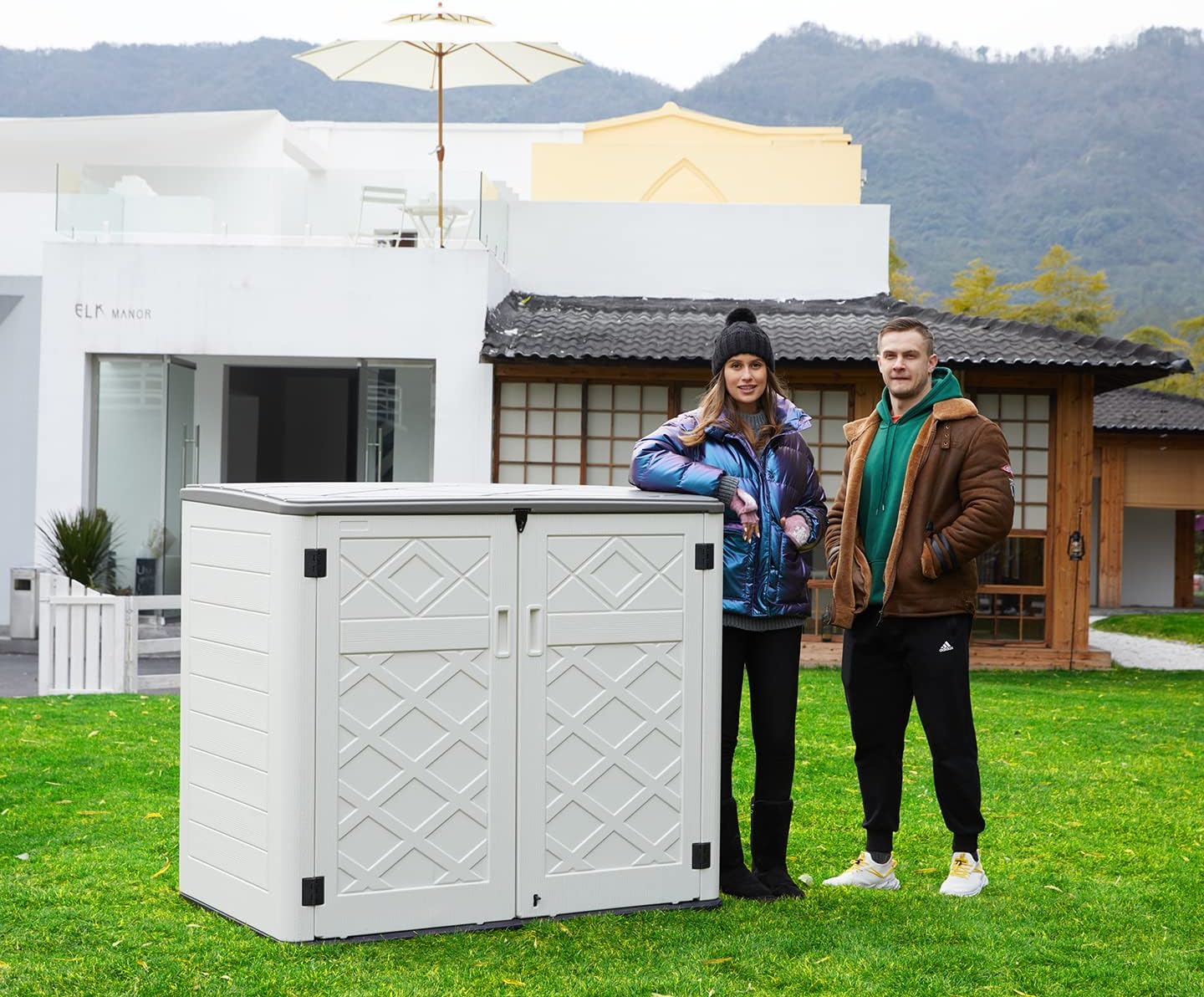 ADDOK 2SG Larger Horizontal Storage Shed Wood-Like, 4.4 x 2.8 ft Outdoor Storage Cabinet Lockable, Thick Resin Storage Unit for Trash Cans, Yard Tools（38 Cu.ft