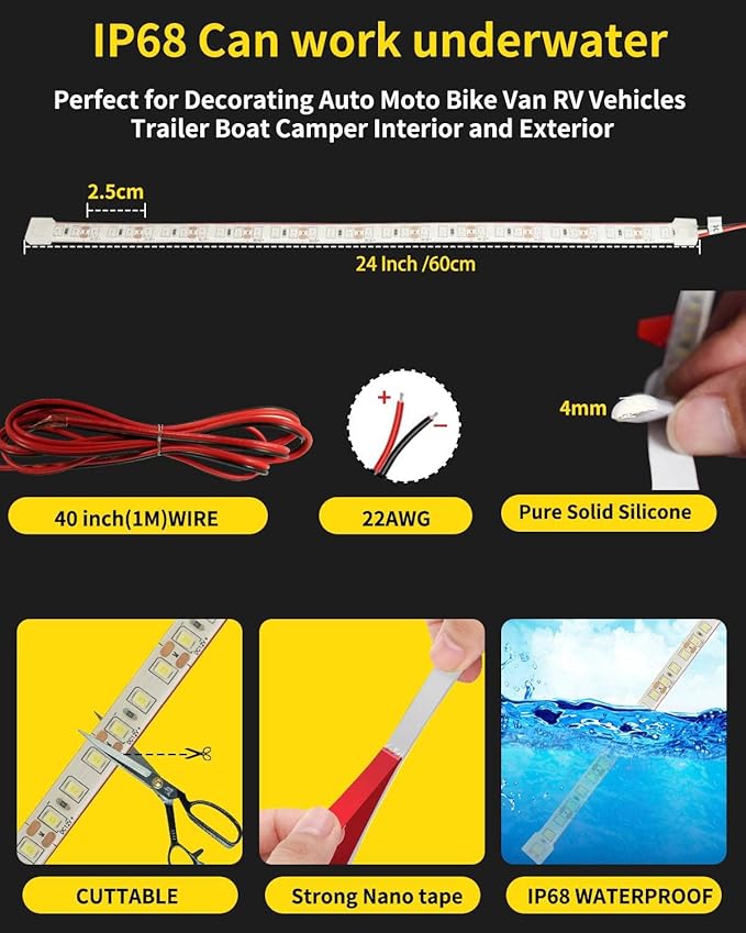 YM E-Bright Car Led Strip Lights Cuttable Underwater Marine Underglow Led Lighting for Boat Motorcycle Trucks Golf Cart Interior Exterior Waterproof IP68 24inch 60CM 72SMD 12v,Pink(Pack of 4)