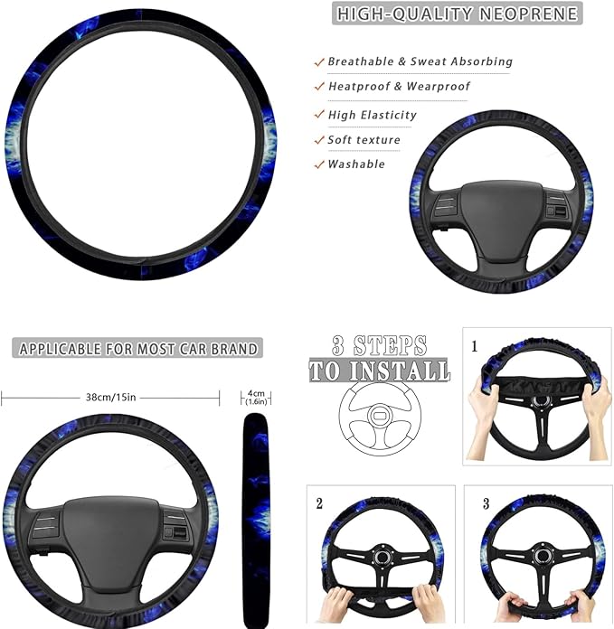 FKELYI Cool Skull Car Seat Covers Set Blue Fire Car Interior Seat Protector,Absorbent Cup Holder Pads,Steering Wheel Cover,Gear Shift Cover,Handbrake Cover,Headrest Covers