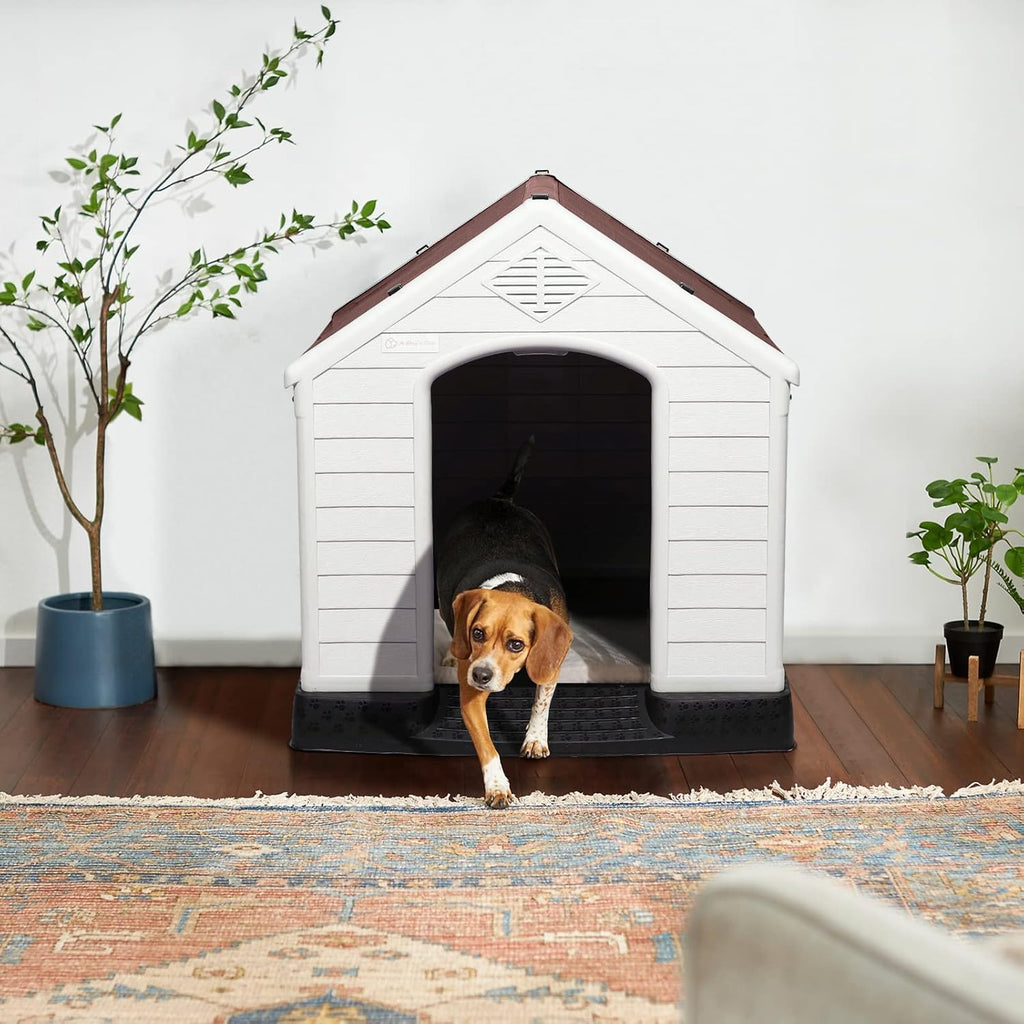 LEMBERI Durable Waterproof Plastic Dog House for Small to Large Sized Dogs, Indoor Outdoor Doghouse Puppy Shelter with Elevated Floor, Easy to Assemble (Brown, 42''L*38''W*39''H)