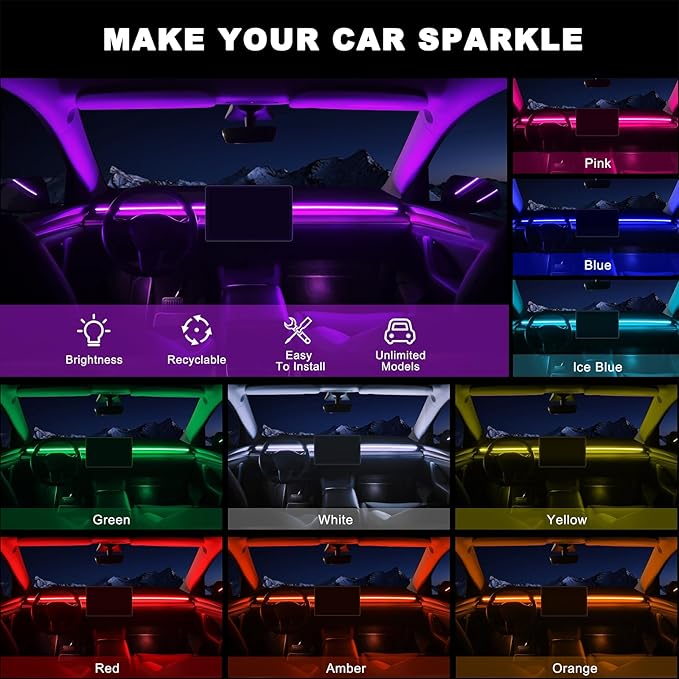 Acrylic Interior Car LED Strip Light with 6mm Sewing Edge - 43.3 inches Ambient Lighting Kits,Neon LED Strip Light(110CM/43.3IN, Yellow)