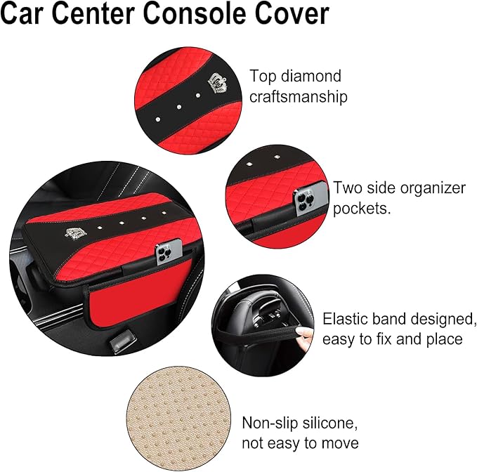 NBTEPEM Bling Crown Car Center Console Armrest Cover, Leather Middle Console Cover Cushion with 2 Storage Bags, Car Armrest Storage Box Interior Accessories for Most Vehicles(Red)