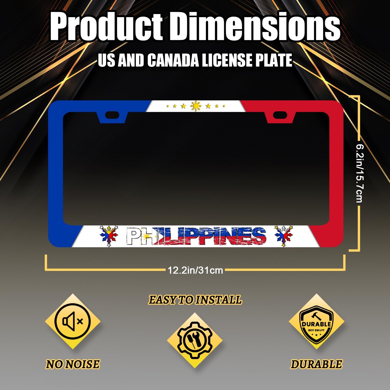 Philippine Flag License Plate Frame Philippines License Plate Stainless Steel Flag Funny Accessories Cars Decor 12.2 X 6.2 Inch with 2 Holes and Screws Fits Standard Us Ca Vehicles