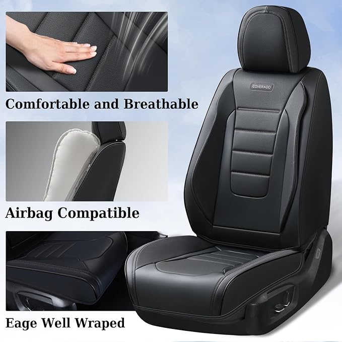 Coverado Seat Covers, Car Seat Covers Front Seats, Car Seat Protector Waterproof, Car Seat Cover, Car Seat Cushion Nappa Leather, Black Seat Covers for Cars Carseat Cover Universal Fit for Most Cars