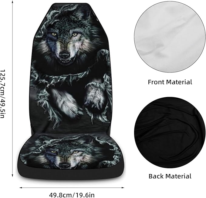 2 Pcs Premium Wolf Car Seat Cover, Breathable & Washable Car Seat Covers Full Sets, Fashionable Printed Seat Covers for Cars Interior, Universal Fit for Most Cars, Sedan, Truck, SUV