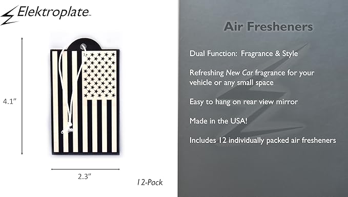 Elektroplate Inverted Black and White American Flag Automotive Air Fresheners for Vehicles | New Car Scent (12-Pack) | Made in the USA