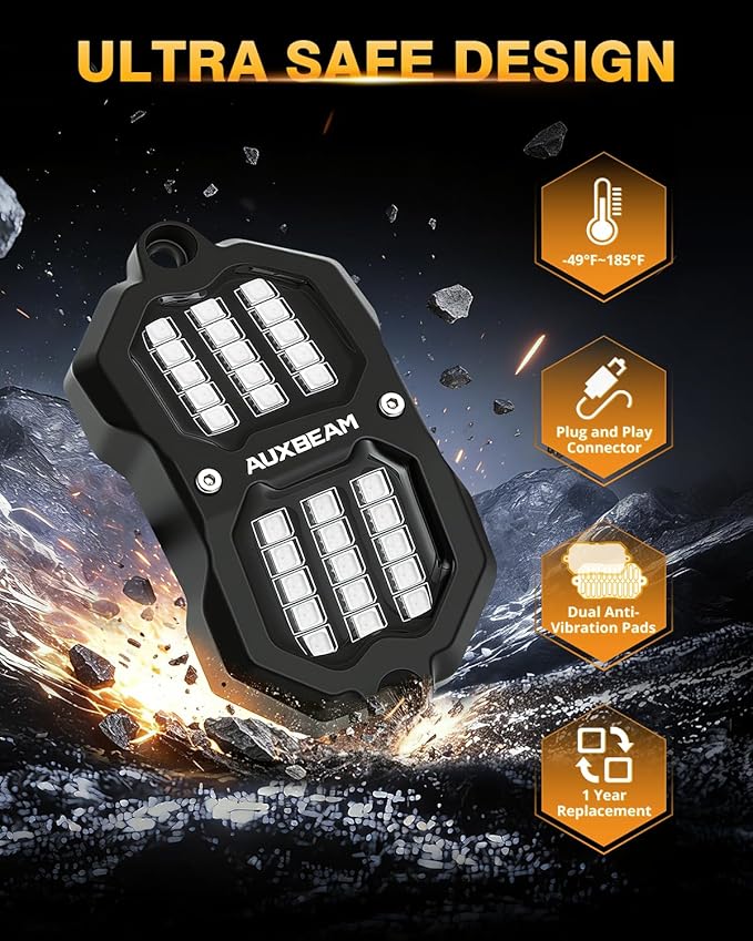 Auxbeam 4-Pod RGB LED Rock Lights with Brake Mode 213° Dual-Side Lighting Dynamic Color Changing Underglow Kit w/Bluetooth APP+Remote Control Music Voice Sync Waterproof for Truck ATV 1 Year Warranty