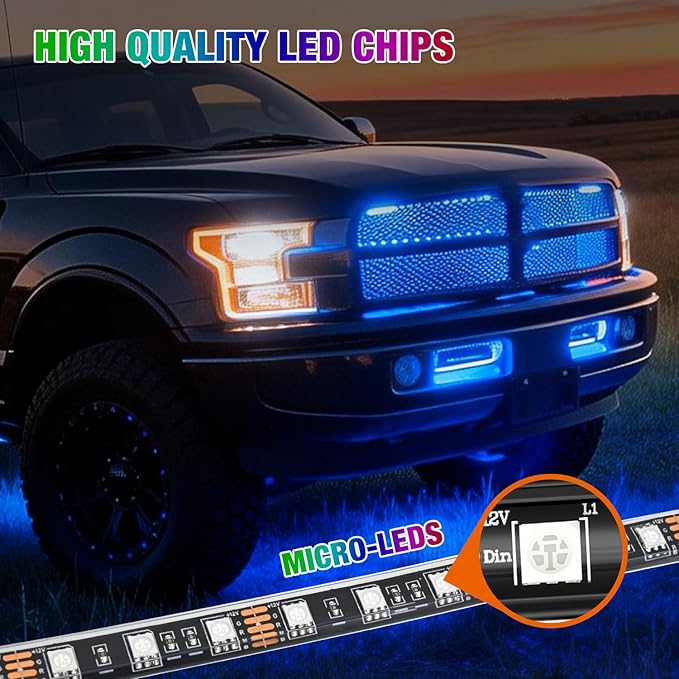 Nilight 4Pcs 24inch LED Grille Lights 144 LEDs RGB Multi Color Exterior Lighting Kit DIY Sound Active Function Music Mode with APP Control and Remote for Cars Van SUV Truck
