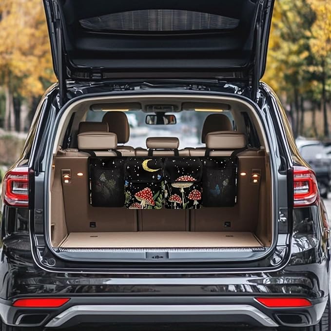 Mushroom Car Trunk Organizer Back Seat Hanging Black, Washable Trunk Oxford Cloth Bag with 4 Pockets, Space Saving Expert, Easy to Clean & Install In All Vehicles