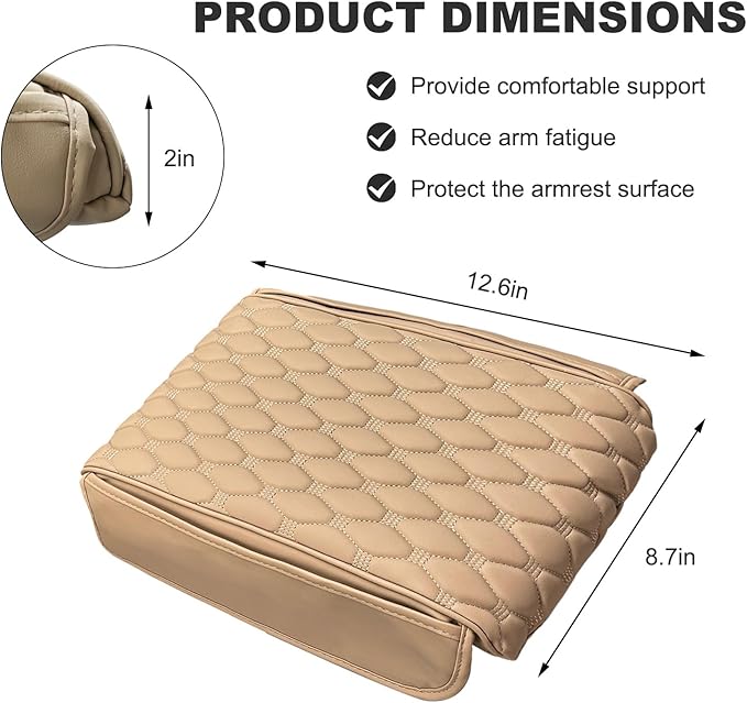 Car Armrest Cushion, Memory Foam Auto Arm Rest Box Protector with 2 Storage Bags, Waterproof Leather Center Console Cover Universal for Most Vehicles, Car Accessories (Beige)