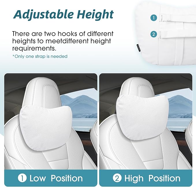 Upgraded Car Seat Neck Pillow - Adjustable Height Headrest Cushions - for Tesla Model 3/Y/S/X High-Elastic Pearl Cotton Inner & Ventilated Nappa Leather - Relieves Neck Pain 2 Pack Black
