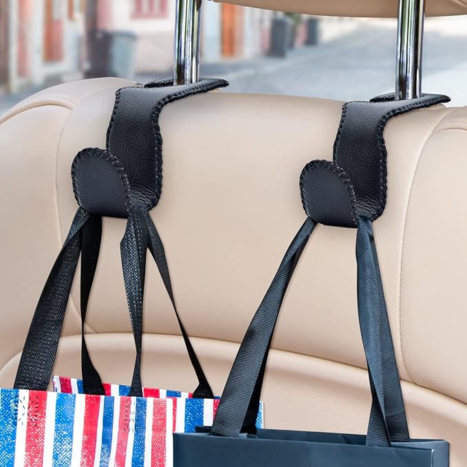 Headrest Hooks for Car, Car Purse Hook Holder,2 PCS Leather Purse Holder for Car,Car Back Seat Headrest Hanger Vehicle Black Leather Storage