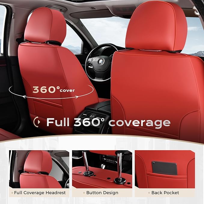 Coverado Car Seat Cover, Cover for Cars Front Seat, Premium Leather, Universal Fit Waterproof Seat Protectors, Car Seat Cushion Non-Slip for Most Cars-Red