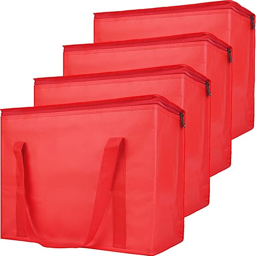 Bodaon 4-Pack Insulated Reusable Grocery Bag, X-Large Cooler Bag for Picnic, Food Delivery Bags, Insulated Pizza Delivery Bags, Red