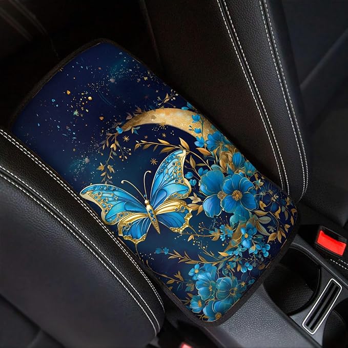 UNICEU Auto Interior Decor Armrest Cover Pad Moon Night Blue Butterfly Print Neoprene Soft Car Center Console Armrest Cushion Cover, Universal