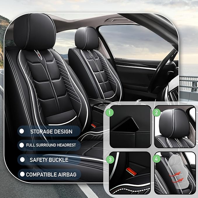 Leather Car Seat Covers Fit for Toyota Prius c 2012-2019, 5 Seater Car Seat Cover, Premium Waterproof, Scratch Resistant Car Interior Accessories (Full Set Black White)