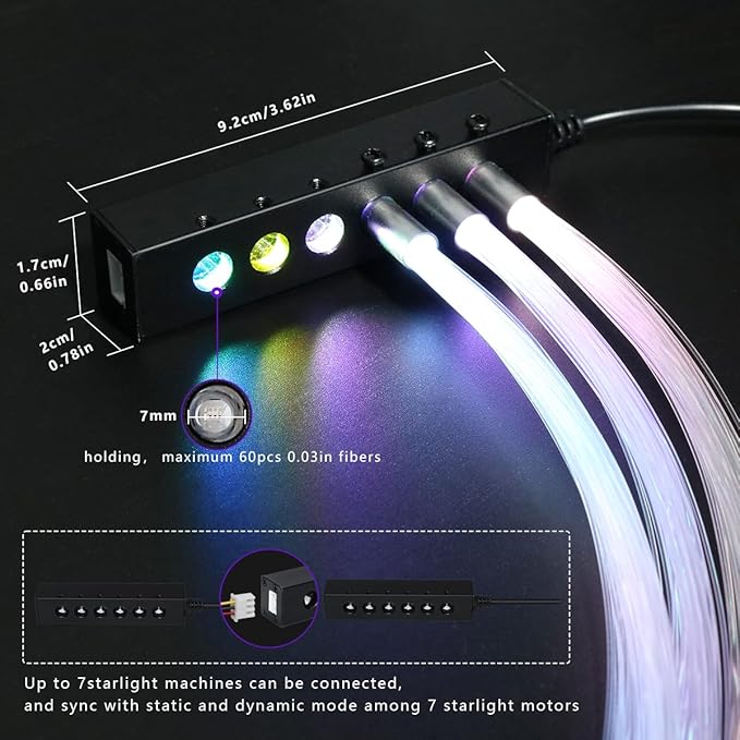AZIMOM 6LED Colorful Fiber Optic Starlight Headliner Kits 360pcs*0.03in*9.8ft Fiber Strands APP& Remote Control Mix Color Chase Timing Fiber Optic Star Light for Car Home Sky Star Decoration