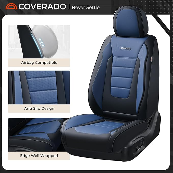 Coverado Car Seat Covers Front, Seat Covers for Cars, Waterproof 2-Pack Car Seat Cushions, Leather Carseat Seat Protectors, Universal Seat Covers Fit for Most Sedans SUV Pick-up Trucks(Black&Blue)
