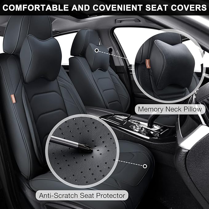 Black Car Seat Covers Full Set, Breathable Leather Automotive Front and Rear Seat Covers & Headrest for Comfortable Driving, Universal Auto Interior Fit for Most Kinds of Vehicles, Cars