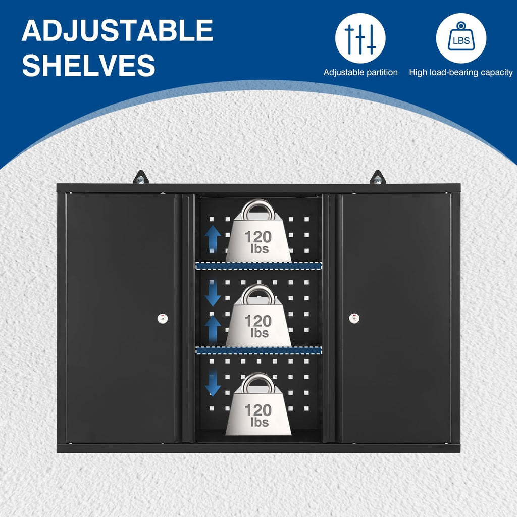 Metal Wall Cabinets for Storage with Locking Doors Adjustable Shelf Pegboard and Hooks, Metal Garage Wall Cabinet, Floating Upper Storage Cabinet