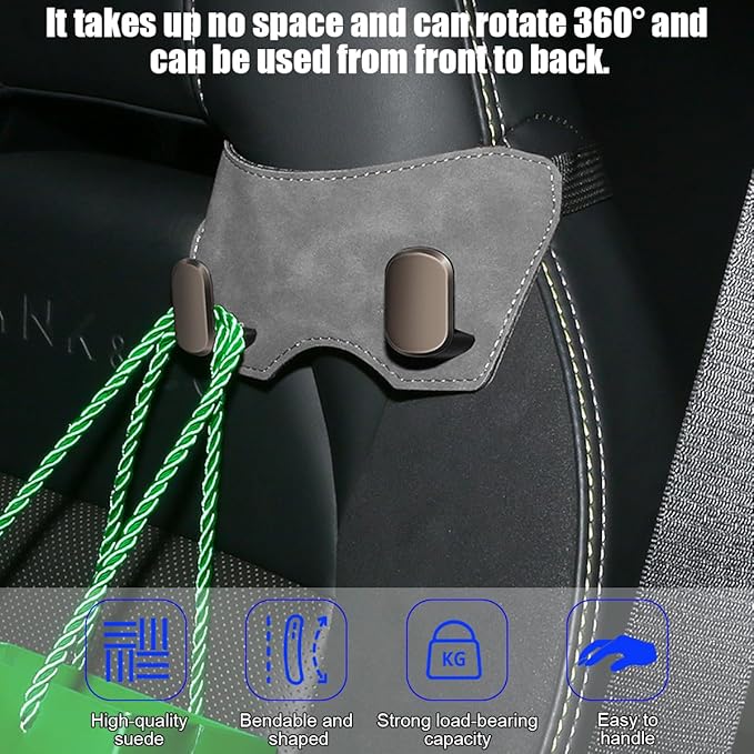 Car Headrest Hook, 2PCS Suede Vehicle Back Seat Storage Hanger with Double Metal Hook, Automotive Seatback Organizer for Purse Handbag Coat, Compatible with Most Sport Seat (Grey)
