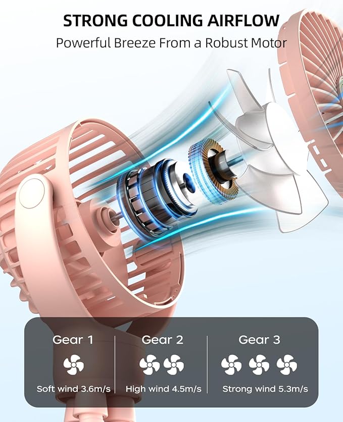 Portable Stroller Mini Fan, Small Rechargeable Personal Fan, Travel Essentials for Baby, Wagon, Car Seat, Treadmill, Battery Powered Biking Gear Accessories, 360° Rotation, 3-Speed, Display, Pink
