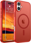 SUPFINE Magnetic for iPhone 16 Case (Compatible with MagSafe) (Military Grade Drop Protection) Slim Translucent Matte Shockproof Phone Cover,Red