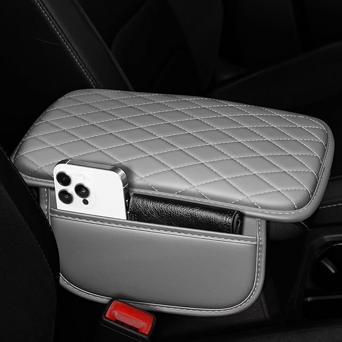 Upgraded Car Center Console Cover Fit for Avalon Faux Leather Car Armrest Cover Cushion with 2 Storage Bags,Car Armrest Storage Box Interior Accessories(Grey&Whiteline)