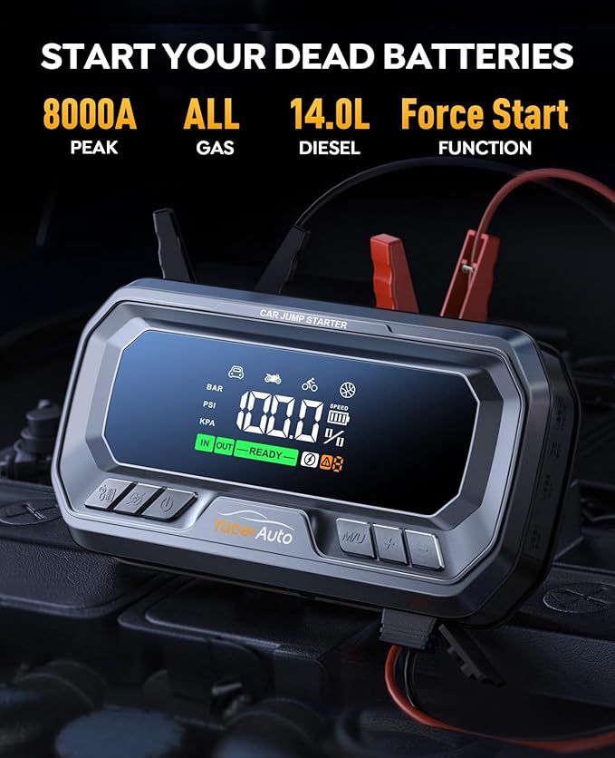 YaberAuto 12-in-1 Jump Starter with Air Compressor 8000A 160PSI 65W Charging, Portable Car Battery Jump Starter (All Gas/14L Diesel) Jump Box Car Battery Jumper Starter Portable Jumper Cables, 160W DC