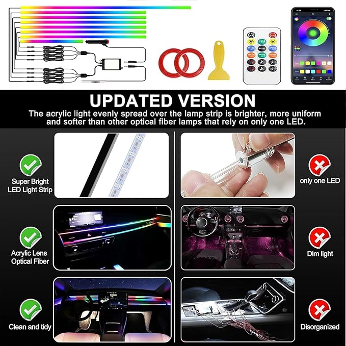 Dreamcolor Acrylic Interior Car LED Strip Light with APP Remote Control, RGB 8 in 1 with 235 inches 800 LEDs Fiber Optic Strip Lights for Car, Dynamic Chasing Music Sync Neon Car Ambient Lighting Kits