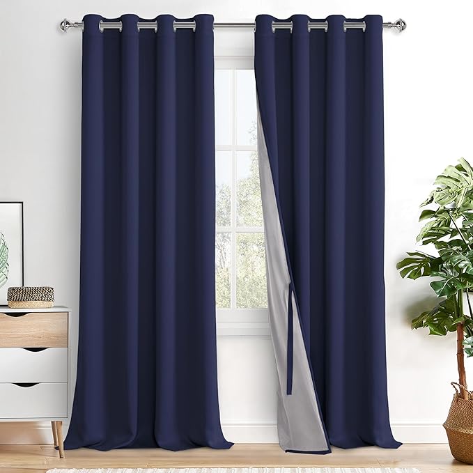XWZO 100% Blackout Curtain Panels - Thermal Insulated Black Liner Curtains, Noise Reducing and Heat Blocking Drapes for Hall and Studio Windows with Tiebacks, Navy Blue, W52 x L95, Set of 2