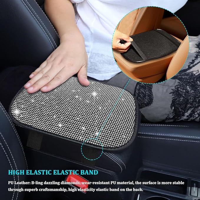 Bling Car Center Console Cover, Car Armrest Cover, Diamond Rhinestone Auto Center Console Cover Protector, Universal Arm Rest Cushion Pads Car Interior Accessories for Vehicles, SUVs (White)