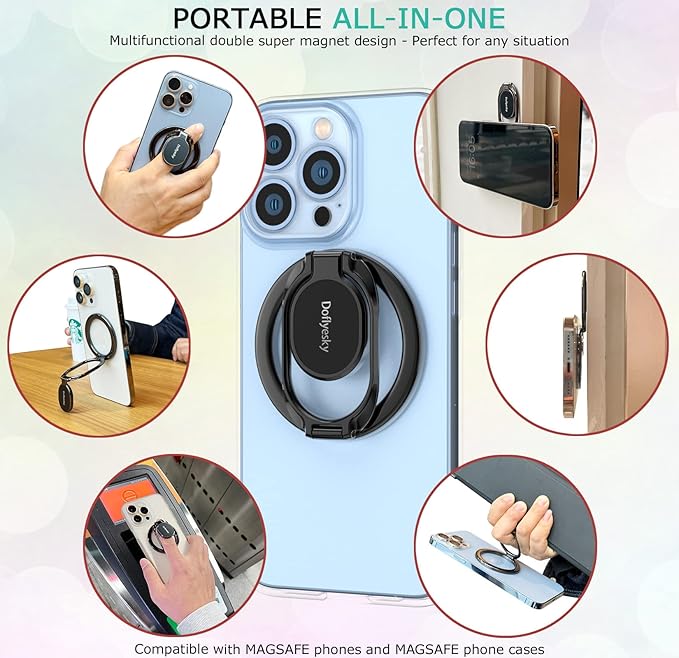 Doflyesky Magnetic Phone Grip Holder Kickstand, Gym Double Adjustable Finger Ring Grip and Stand, Compatible with PopSockets MagSafe Ring Removable for iPhone (Silver)