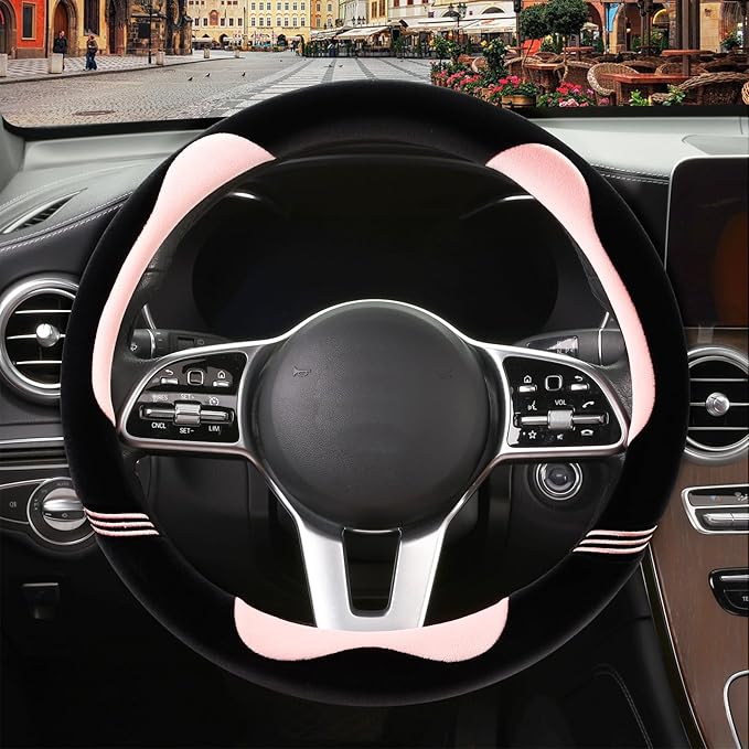 Furry Cute Steering Wheel Cover, Soft Fluffy Short Plush Auto Accessories, Non-Slip Cold-Proof Sweat-Proof Colorfast, Universal 15 inch(Black with Pink)