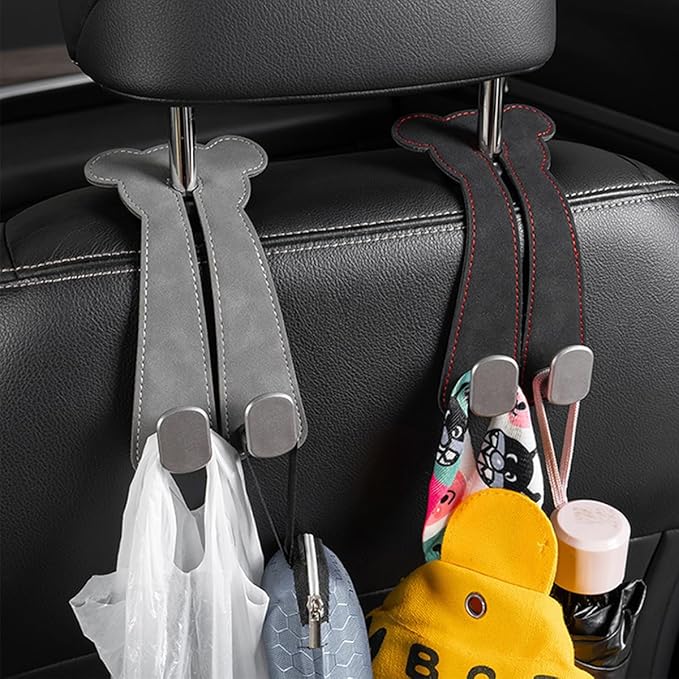 Car Seat Headrest Hook, 2PCS Cute 2 In 1 Vehicle Backseat Hanger Storage Double Hook with Phone Holder, Auto Interior Hanging Organizer Accessories, Universal for SUV Sedan Truck (Black)