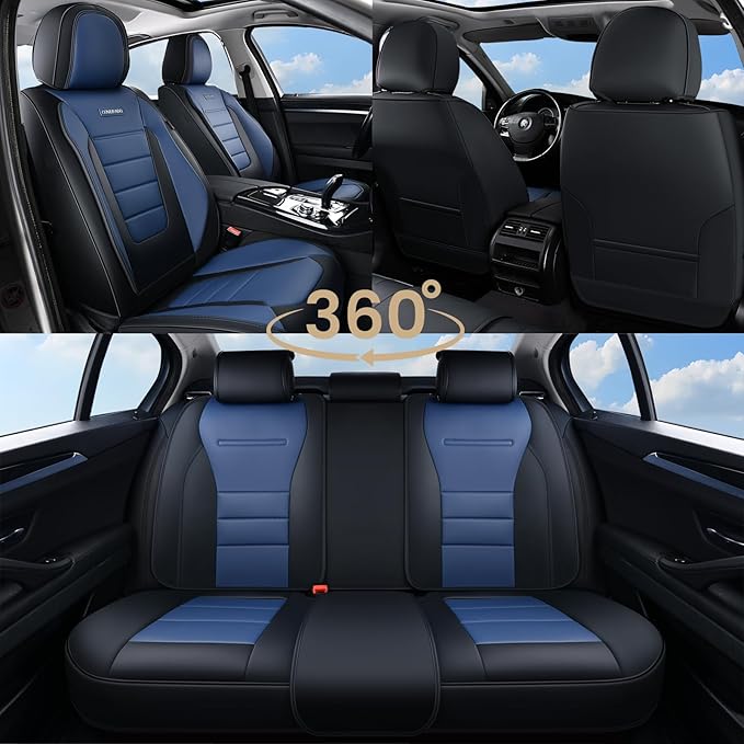 Coverado Car Seat Covers Front, Seat Covers for Cars, Waterproof 2-Pack Car Seat Cushions, Leather Carseat Seat Protectors, Universal Seat Covers Fit for Most Sedans SUV Pick-up Trucks(Black&Blue)