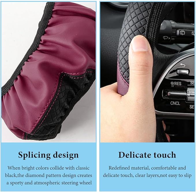 Car Steering Wheel Cover, 15 Inch Anti-Slip Stretch Leather Steering Wheel Protector, Comfortable Breathable Sporty Steering Wheel Cover for Women Men, Car Accessories (Wine Red, AD)